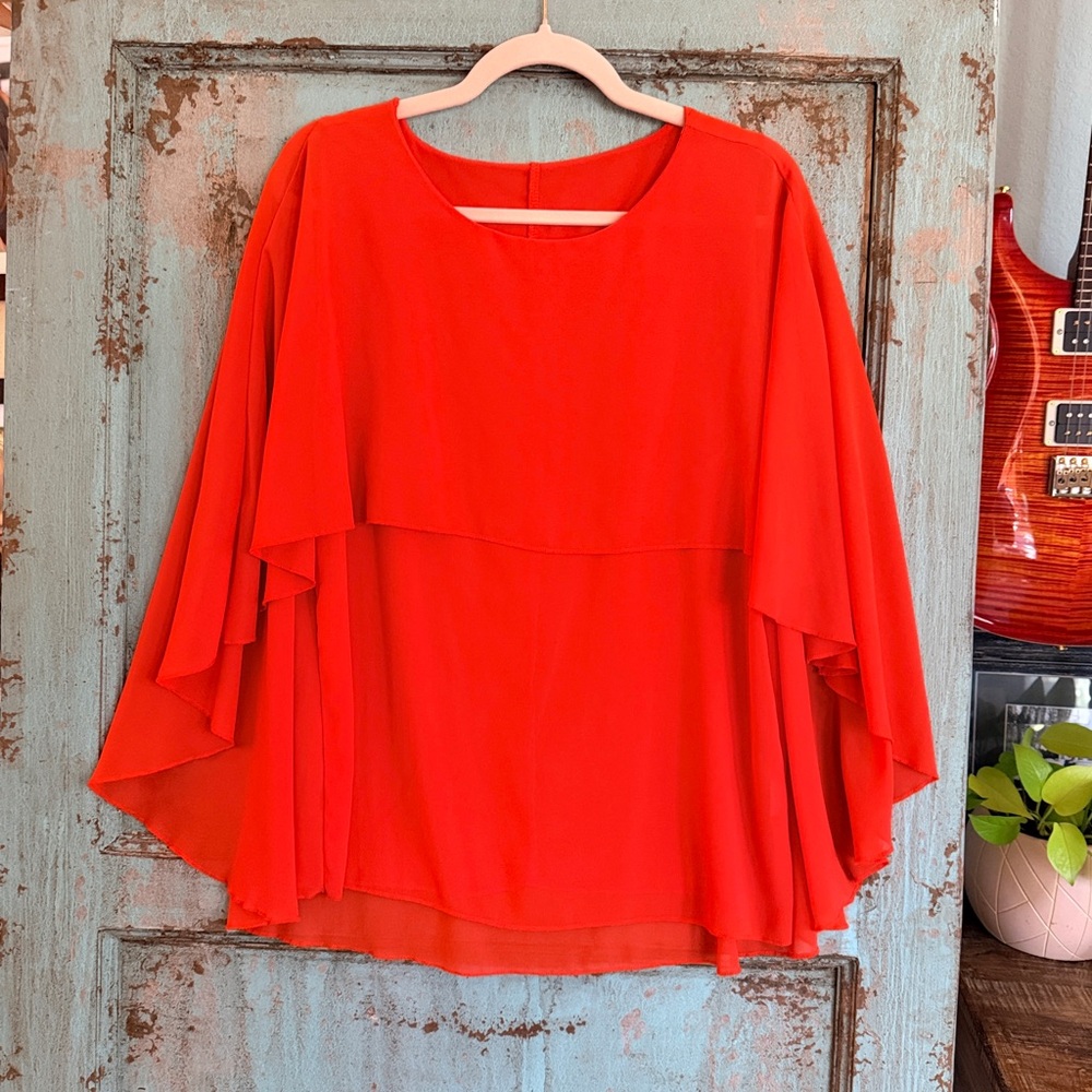 🔥 Flowing Red Chiffon Cape Blouse Size Large NWOT